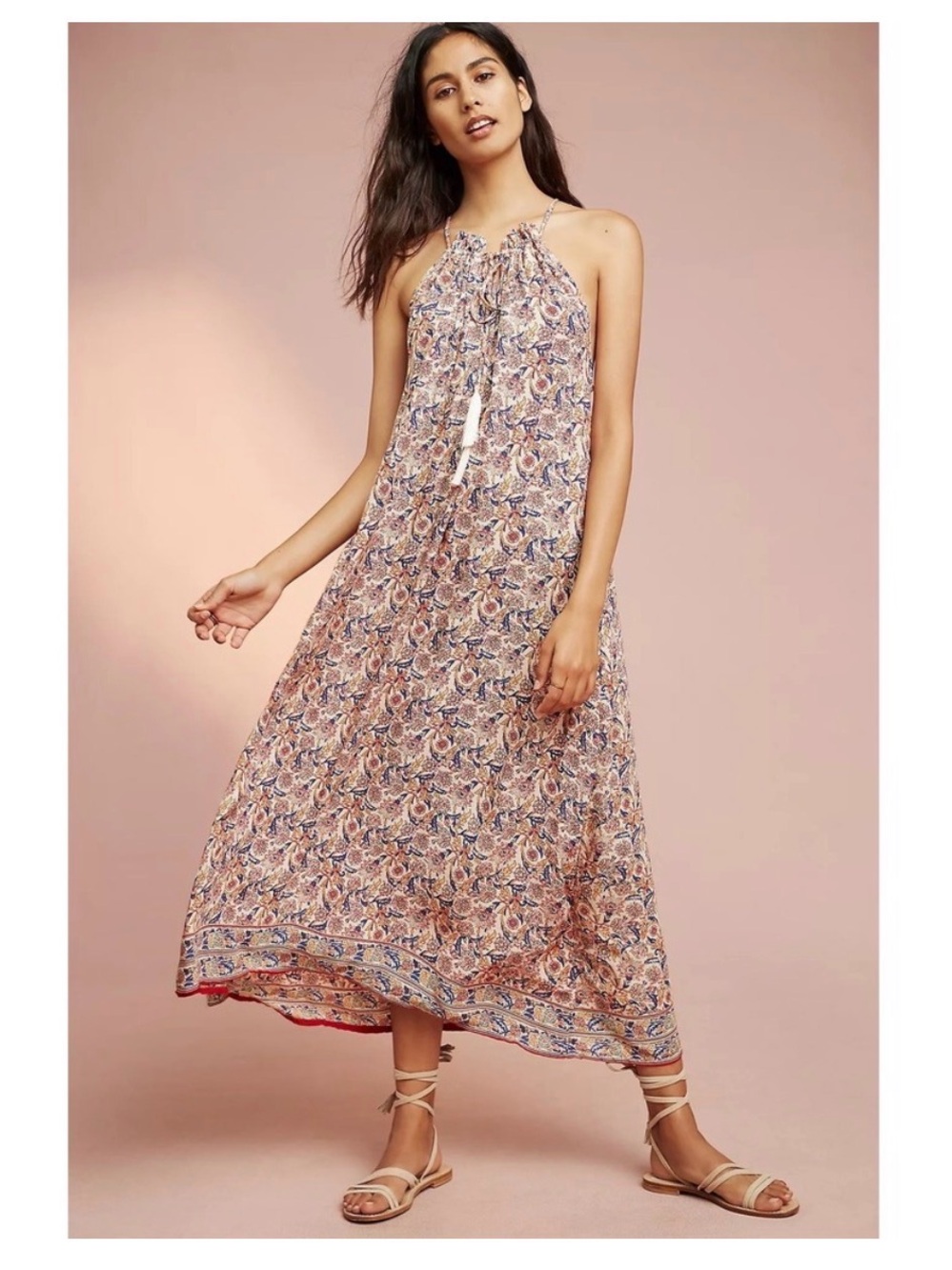 Natalie Martin Anthropologie Vintage Floral Tassel Tie Maxi Dress XS Pink Blue